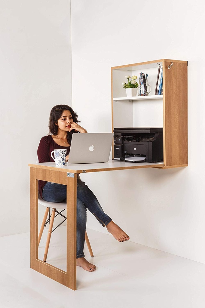 INVISIBLE BED Plywood Folding Multipurpose Study Table with Shelf (Dessert Walnut - 77cm x 59cm)