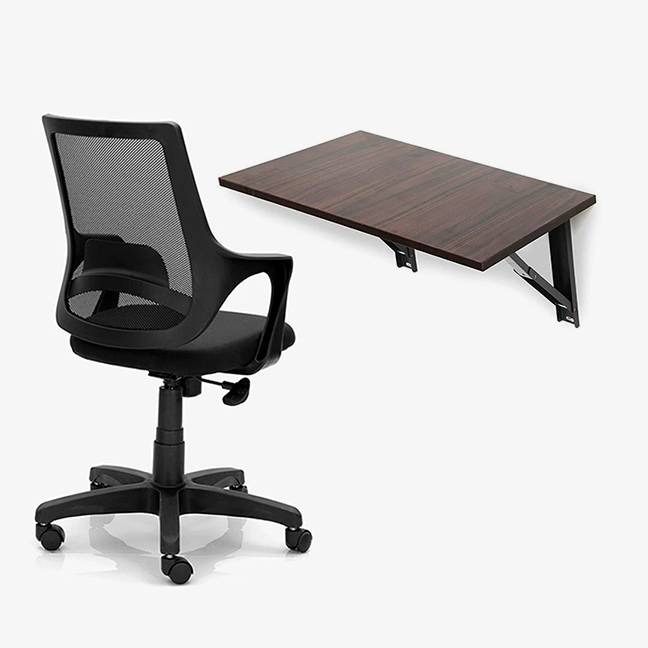 Small Wall Mounted iDesk &amp; Mesh Back Office Chair - Rich Walnut (IB76-2)