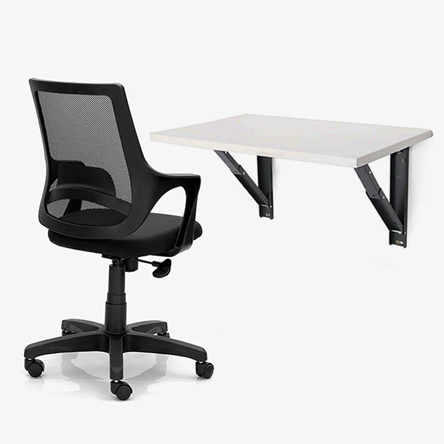 Small Wall Mounted iDesk &amp; Mesh Back Office Chair - Glossy White (IB76-3)