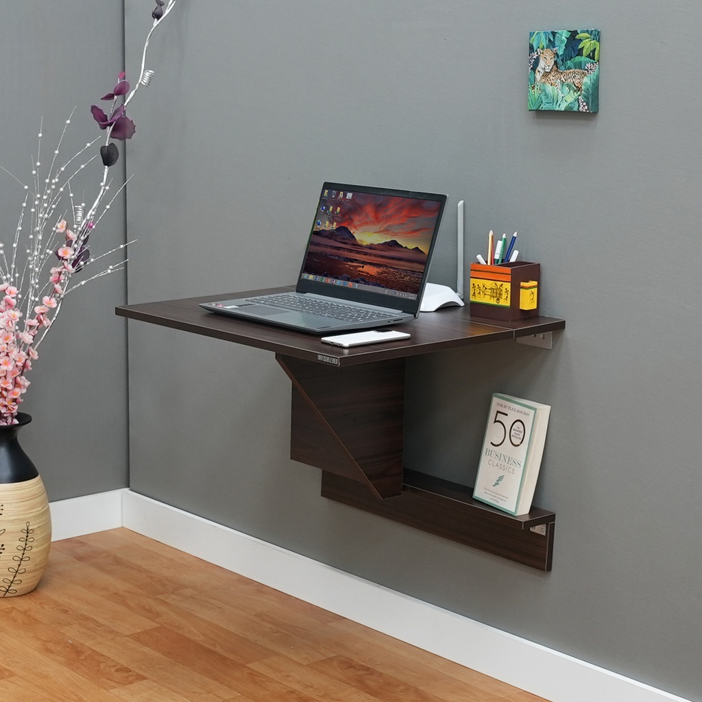 Wall Mounted iDesk with Ledge &amp; Storage - Rich Walnut