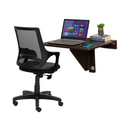 [IB77-4-RW] Wall Mounted iDesk with Ledge &amp; Mesh Back Office Chair - Rich Walnut